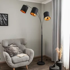 Lindby vloerlamp Nanika, zwart/goud, 202 cm, E27, 3-lamps.