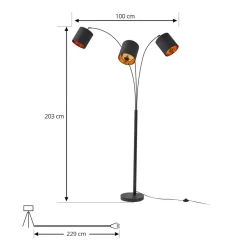 Lindby vloerlamp Nanika, zwart/goud, 202 cm, E27, 3-lamps.