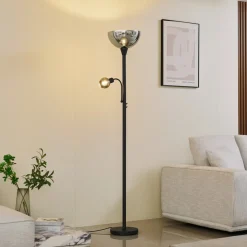 Lindby vloerlamp Nehemia, zwart, glas, leeslampje, 185 cm