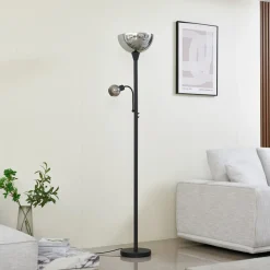 Lindby vloerlamp Nehemia, zwart, glas, leeslampje, 185 cm