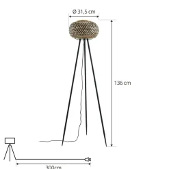 Lindby vloerlamp Nerys, zwart, bamboe, Ø 31,5 cm, driepoot