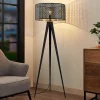 Lindby vloerlamp Thoralf, driepoot, zwart, textiel, Ø50cm