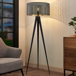 Lindby vloerlamp Thoralf, driepoot, zwart, textiel, Ø50cm