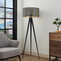 Lindby vloerlamp Thoralf, driepoot, zwart, textiel, Ø50cm