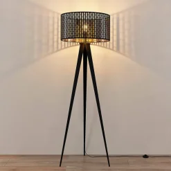 Lindby vloerlamp Thoralf, driepoot, zwart, textiel, Ø50cm