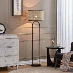 Lindby vloerlamp Yaelle, 146 cm hoog, rotan, zwart, E27