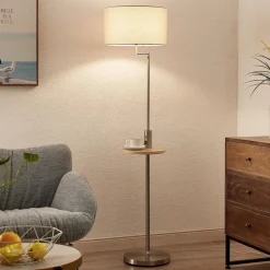 Lindby vloerlamp Zinia, nikkelkleurig, plank, USB-aansluiting