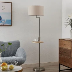 Lindby vloerlamp Zinia, nikkelkleurig, plank, USB-aansluiting