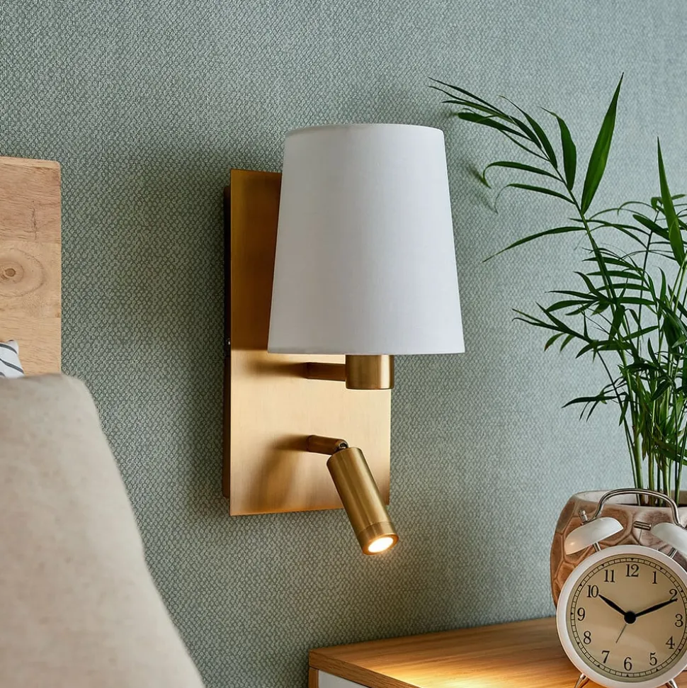 Lindby wandlamp Aiden, 30 cm, antiek messing, LED leeslampje