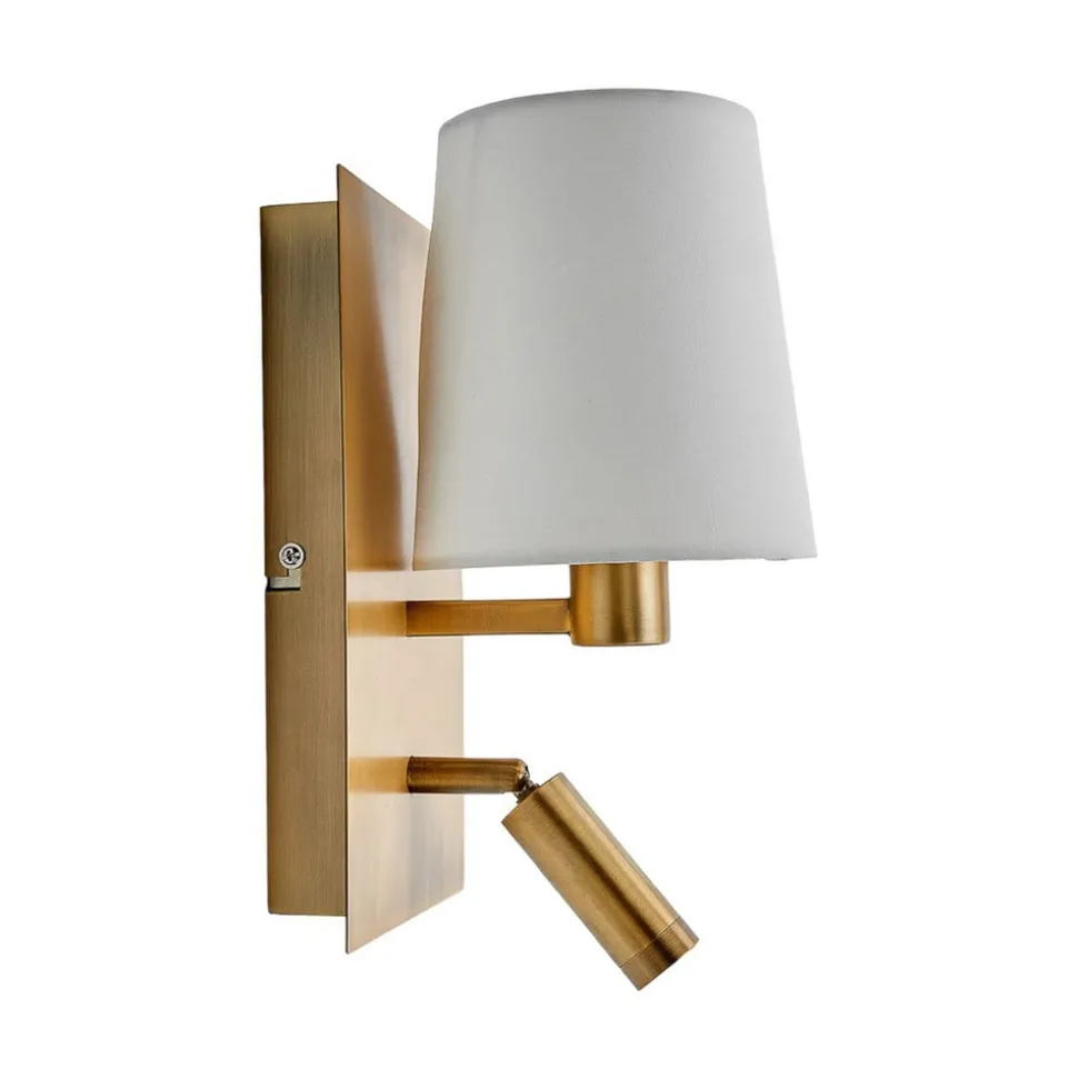 Lindby wandlamp Aiden, 30 cm, antiek messing, LED leeslampje