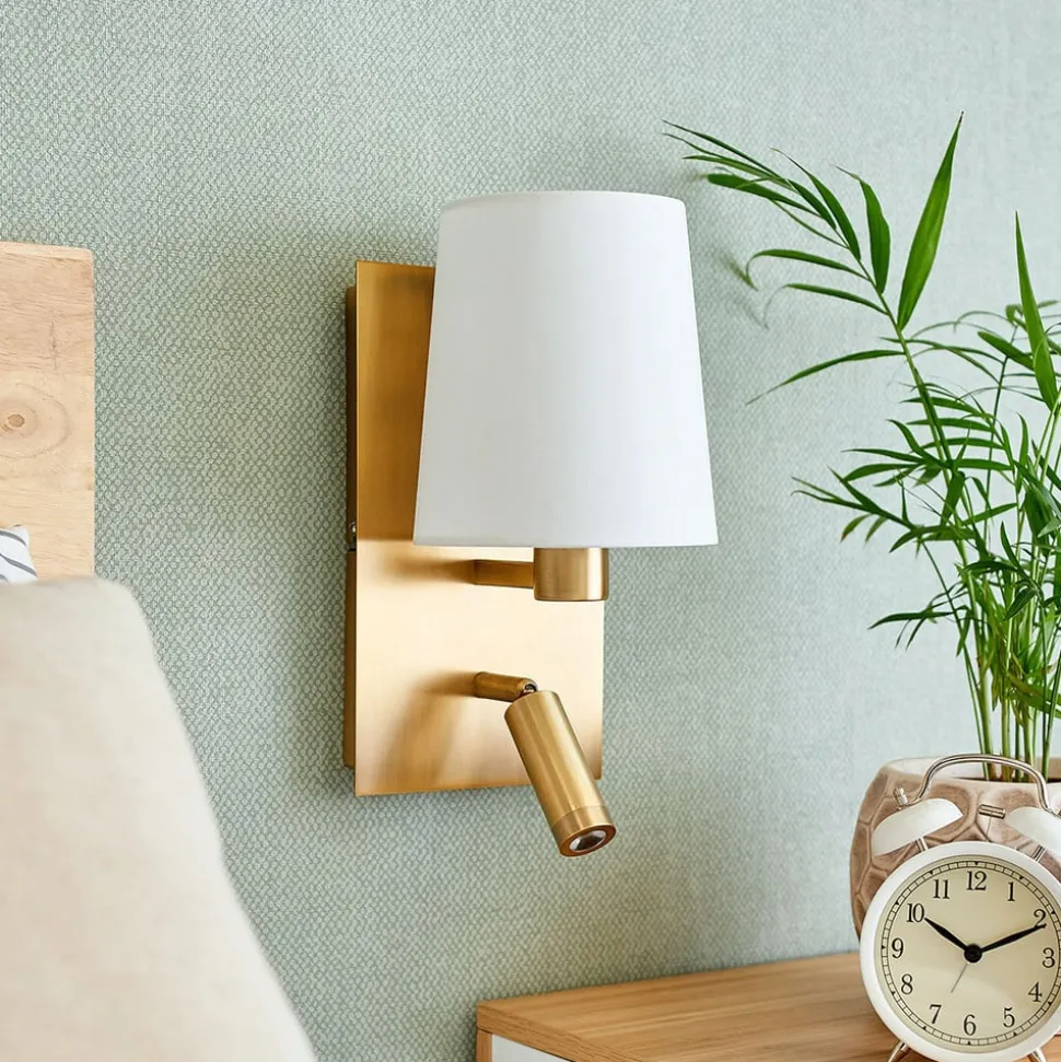 Lindby wandlamp Aiden, 30 cm, antiek messing, LED leeslampje