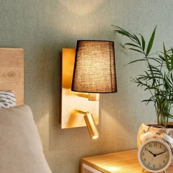 Lindby wandlamp Aiden, 30cm, zwart, goud, LED leeslampje