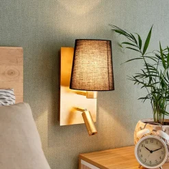 Lindby wandlamp Aiden, 30cm, zwart, goud, LED leeslampje