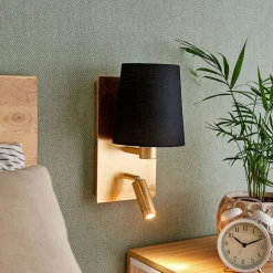 Lindby wandlamp Aiden, 30cm, zwart, goud, LED leeslampje