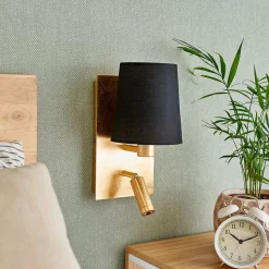 Lindby wandlamp Aiden, 30cm, zwart, goud, LED leeslampje