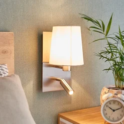 Lindby wandlamp Aiden, wit, nikkel, LED leeslampje