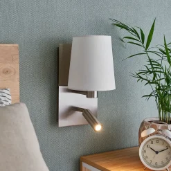 Lindby wandlamp Aiden, wit, nikkel, LED leeslampje