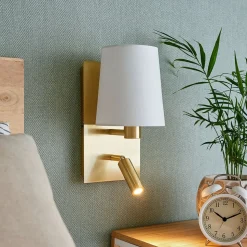 Lindby wandlamp Aiden, wit, messing, LED leeslampje