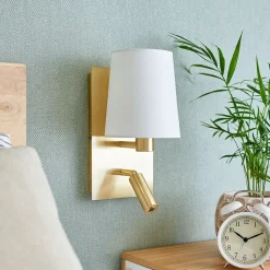 Lindby wandlamp Aiden, wit, messing, LED leeslampje