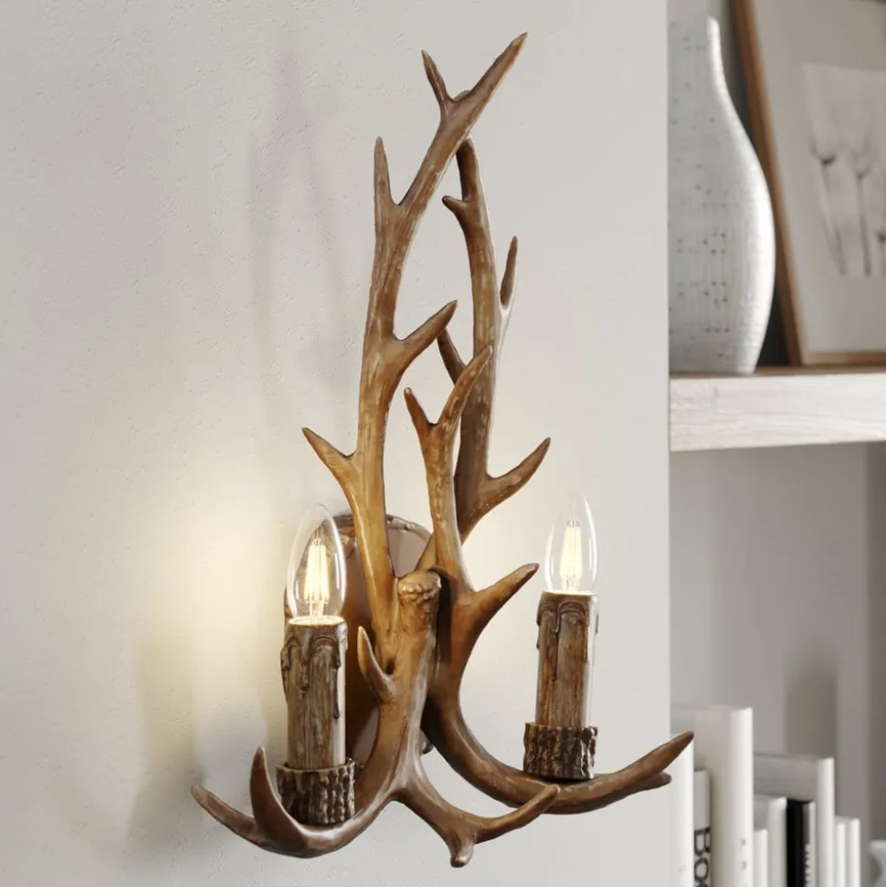 Lindby wandlamp Fibi, bruin, gewei, 2-lamps, E14