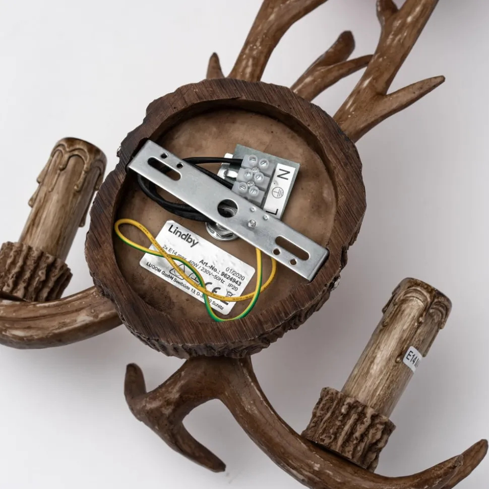 Lindby wandlamp Fibi, bruin, gewei, 2-lamps, E14