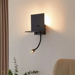 Lindby wandlamp Thorid, zwart, USB, LED leeslamp, G9