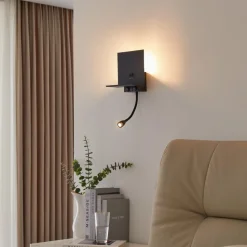 Lindby wandlamp Thorid, zwart, USB, LED leeslamp, G9