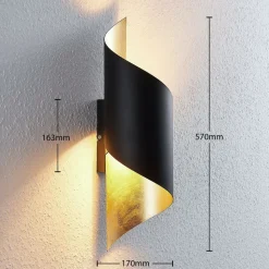 Lindby wandlamp Vanni, zwart/goud, metaal, hoogte 57cm