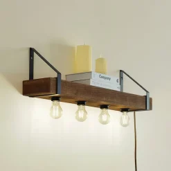 Lindby wandlamp Vatana, hout, stekker, USB-poort, 80 cm