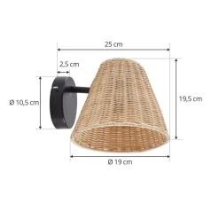 Lindby wandlamp Zyralia, houtkleurig, rotan, 19,5 cm hoog