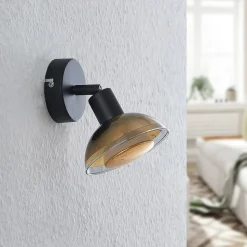 Lindby wandspot Erin, zwart/goud, Ø 12 cm, glas