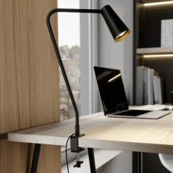 Lucande Angelina klemlamp, zwart/goud, metaal, 47cm