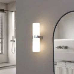 Lucande Basolo badkamer wandlamp, chroom, hoogte 31.5cm, glas, IP44