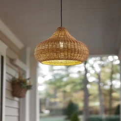 Lucande buiten hanglamp Taniola, 1-lamp, beige, rotan, IP44