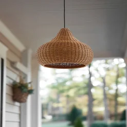 Lucande buiten hanglamp Taniola, 1-lamp, beige, rotan, IP44