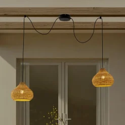 Lucande buiten hanglamp Taniola, 2-lamps, beige, rotan, IP44