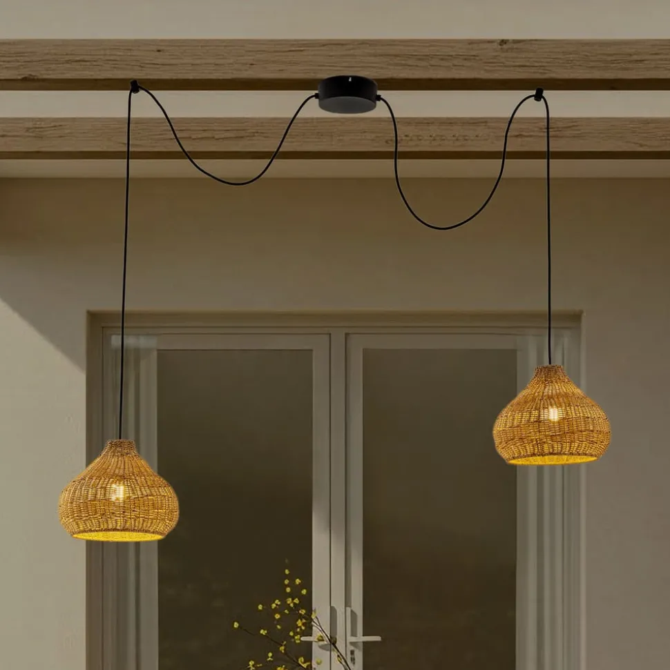 Lucande buiten hanglamp Taniola, 2-lamps, beige, rotan, IP44