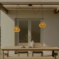 Lucande buiten hanglamp Taniola, 2-lamps, beige, rotan, IP44