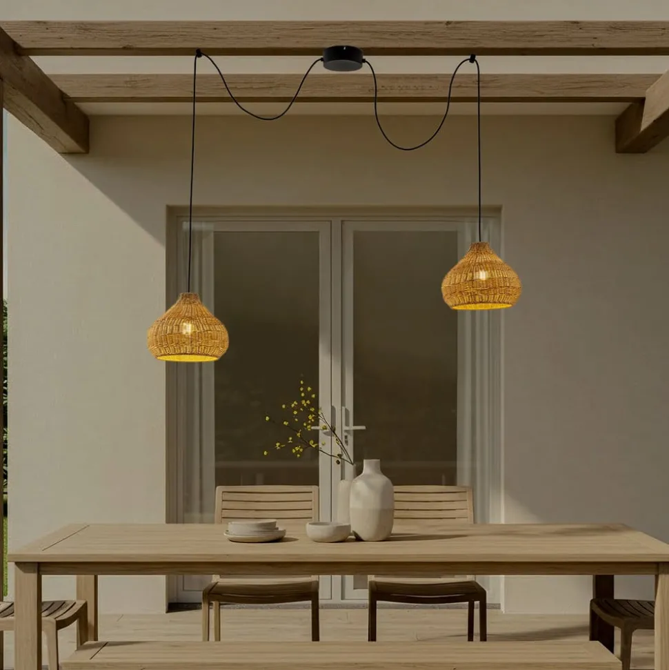 Lucande buiten hanglamp Taniola, 2-lamps, beige, rotan, IP44