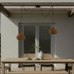 Lucande buiten hanglamp Taniola, 2-lamps, beige, rotan, IP44