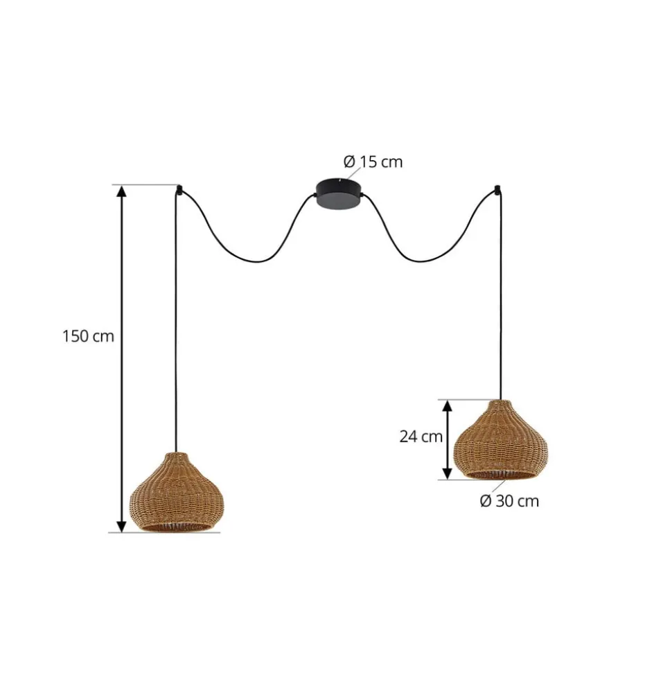 Lucande buiten hanglamp Taniola, 2-lamps, beige, rotan, IP44