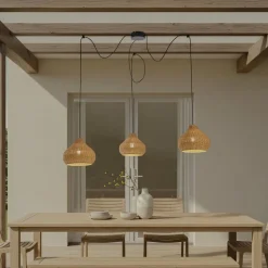 Lucande buiten hanglamp Taniola, 3-lamps, beige, rotan, IP44