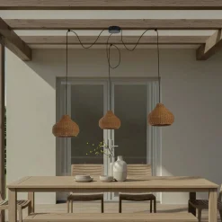 Lucande buiten hanglamp Taniola, 3-lamps, beige, rotan, IP44