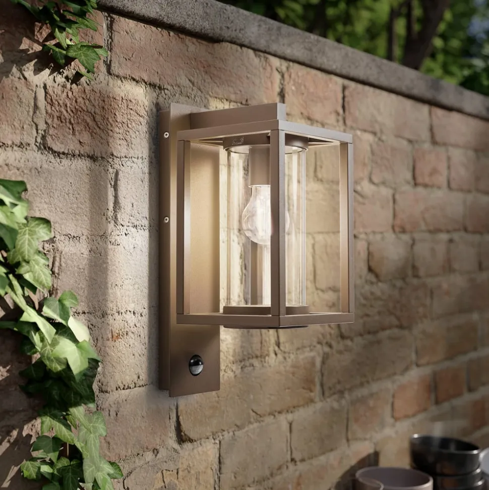 Lucande buitenwandlamp Ferda, sensor, pendel, bruin, IP44