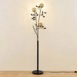 Lucande Evory vloerlamp, 160 cm, 3-lamps, zwart/goud, G9
