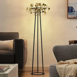 Lucande Glimmo LED vloerlamp, zwart, messing