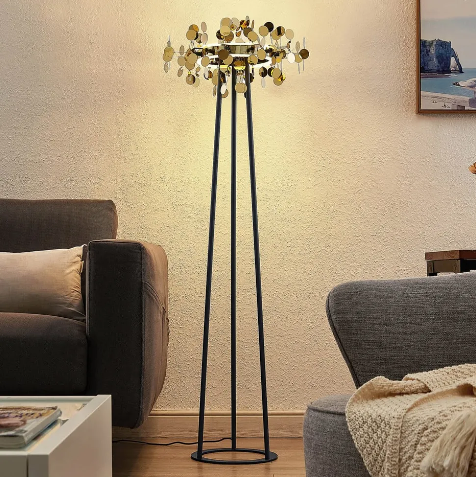 Lucande Glimmo LED vloerlamp, zwart, messing