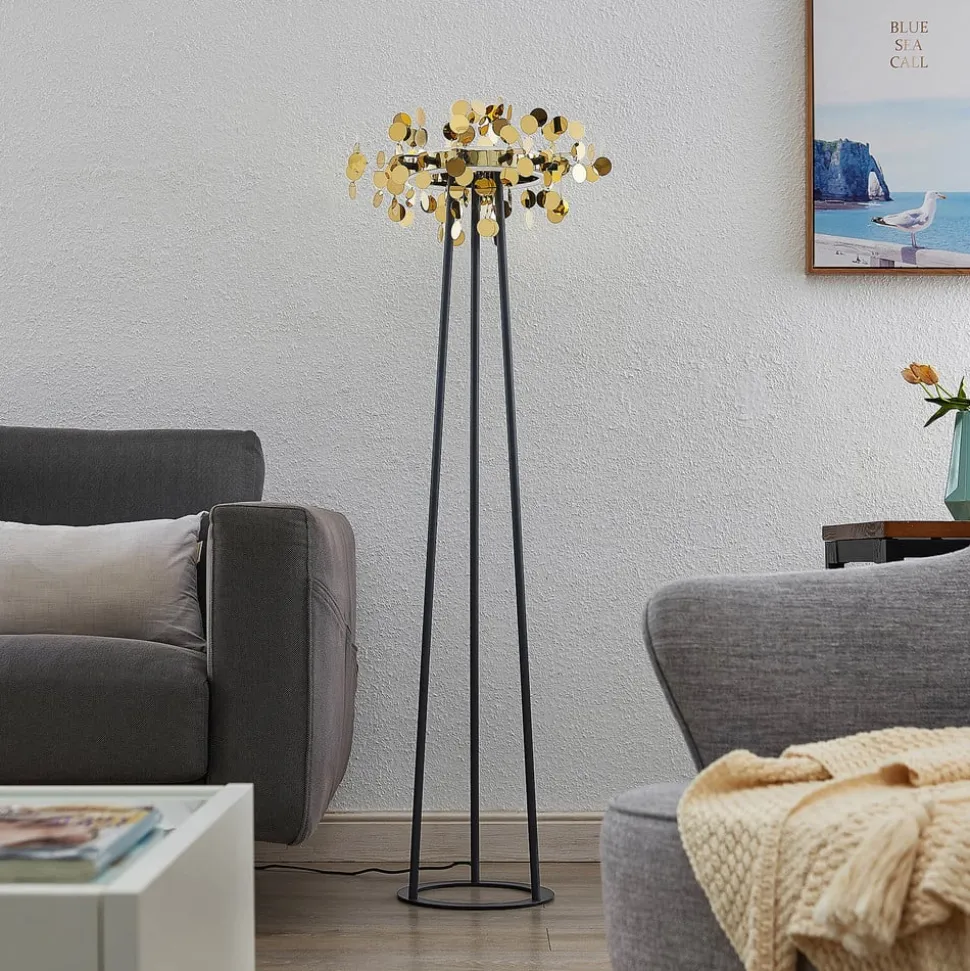 Lucande Glimmo LED vloerlamp, zwart, messing