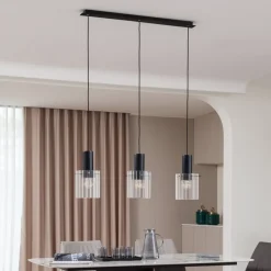 Lucande hanglamp Eirian, 90 cm, 3-lamps, zwart, glas