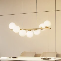 Lucande hanglamp Isandro, 95 cm, goud, wit, 7-lamps, G9